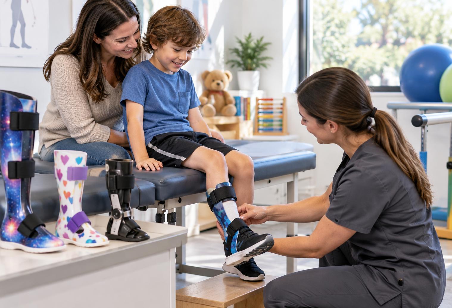Pediatric orthotics specialist fitting a custom lower extremity brace on a child while a parent provides support.