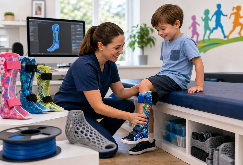 Smiling Clinician Fitting Colorful Leg Brace